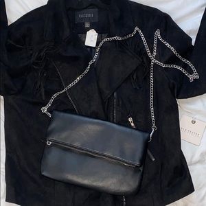 Black Faux Leather Crossbody with Silver Chain